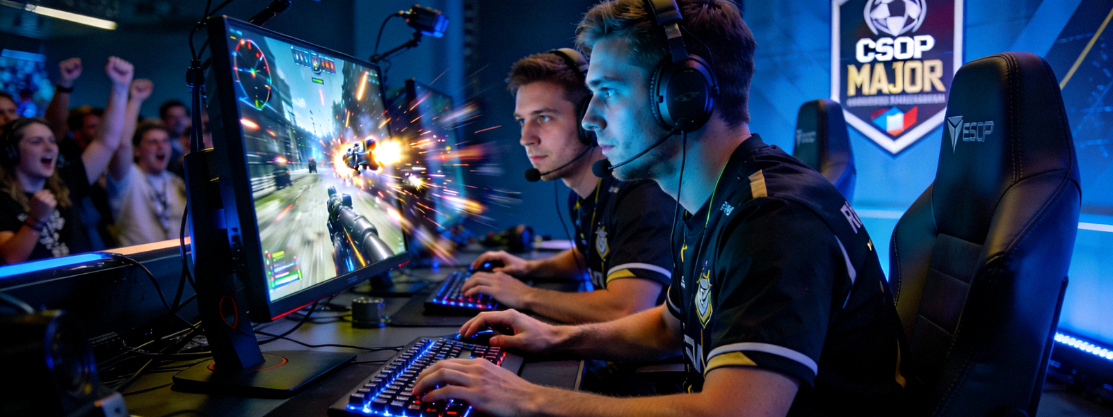 CS:GO Major锦标赛决赛瞬间，选手在电脑前激烈交锋