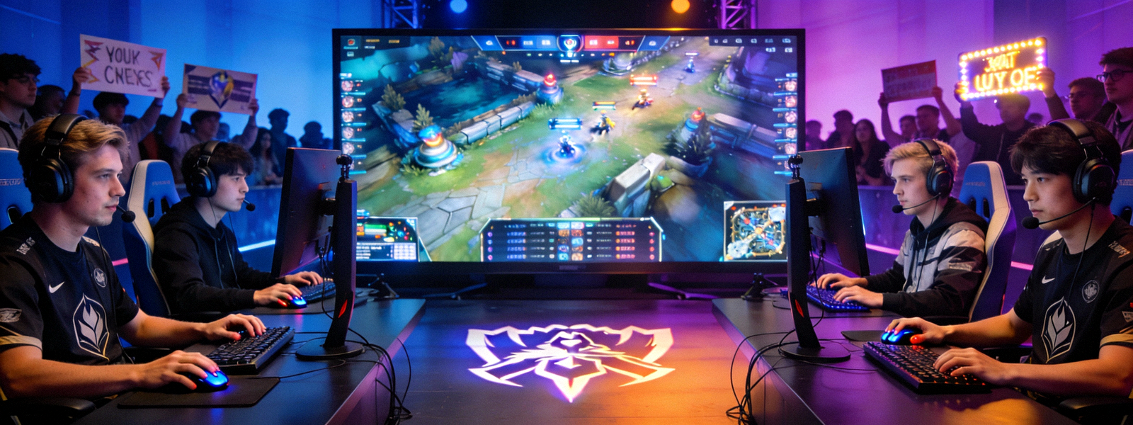 英雄联盟全球总决赛激烈对战现场画面，选手专注操作